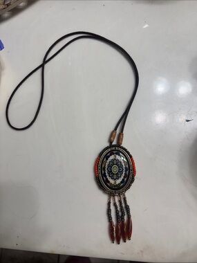 Bohemian Floral Pendant Necklace with Red Accent Beads